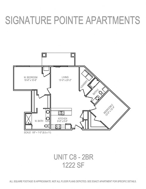 Floor plan for 2 beds, 2 baths, 1222 sqft